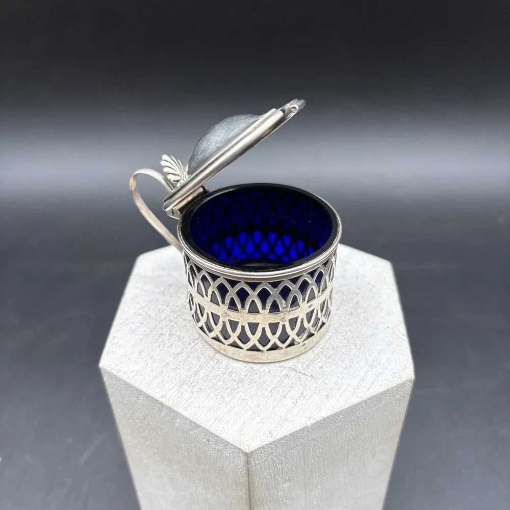 Sterling Silver 925 Mustard Pot Cobalt Blue Glass Liner Openwork Vintage